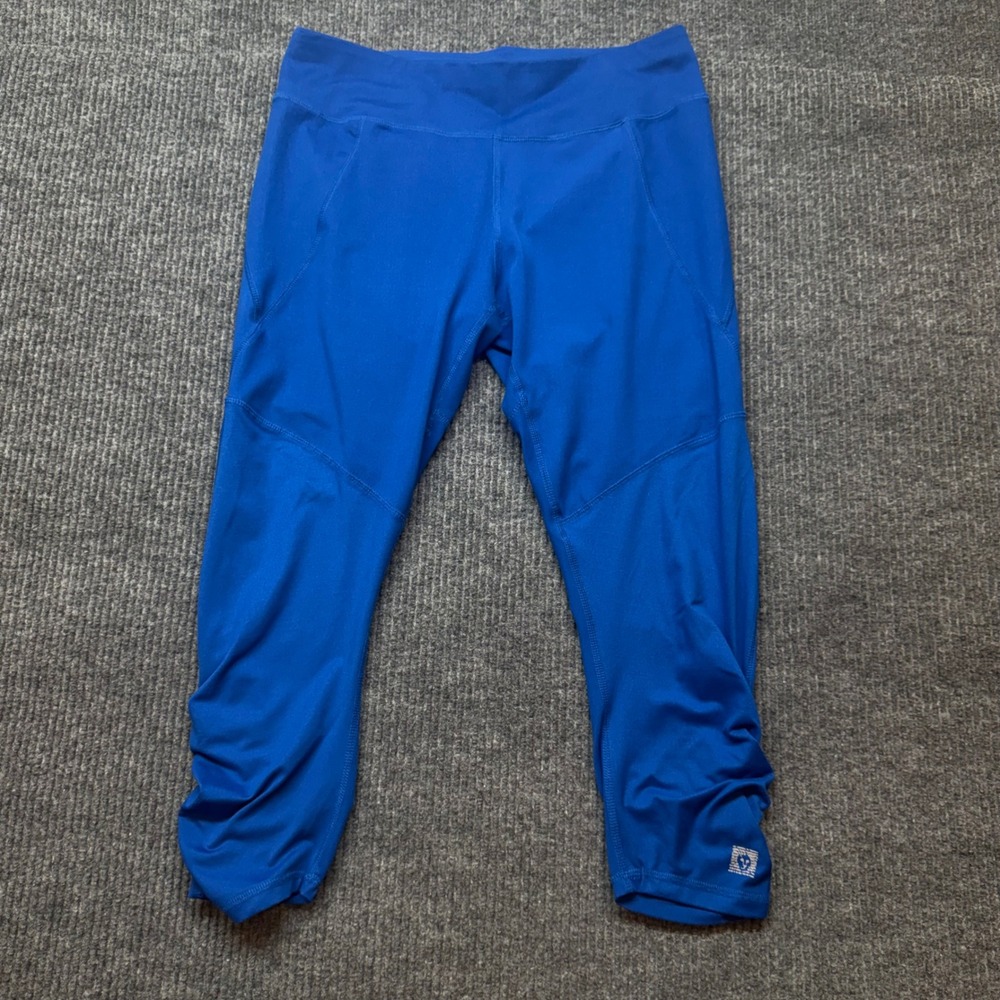 Anne Klein Sport Capri Leggings Womens 1X Blue Ruched Performance Cropped